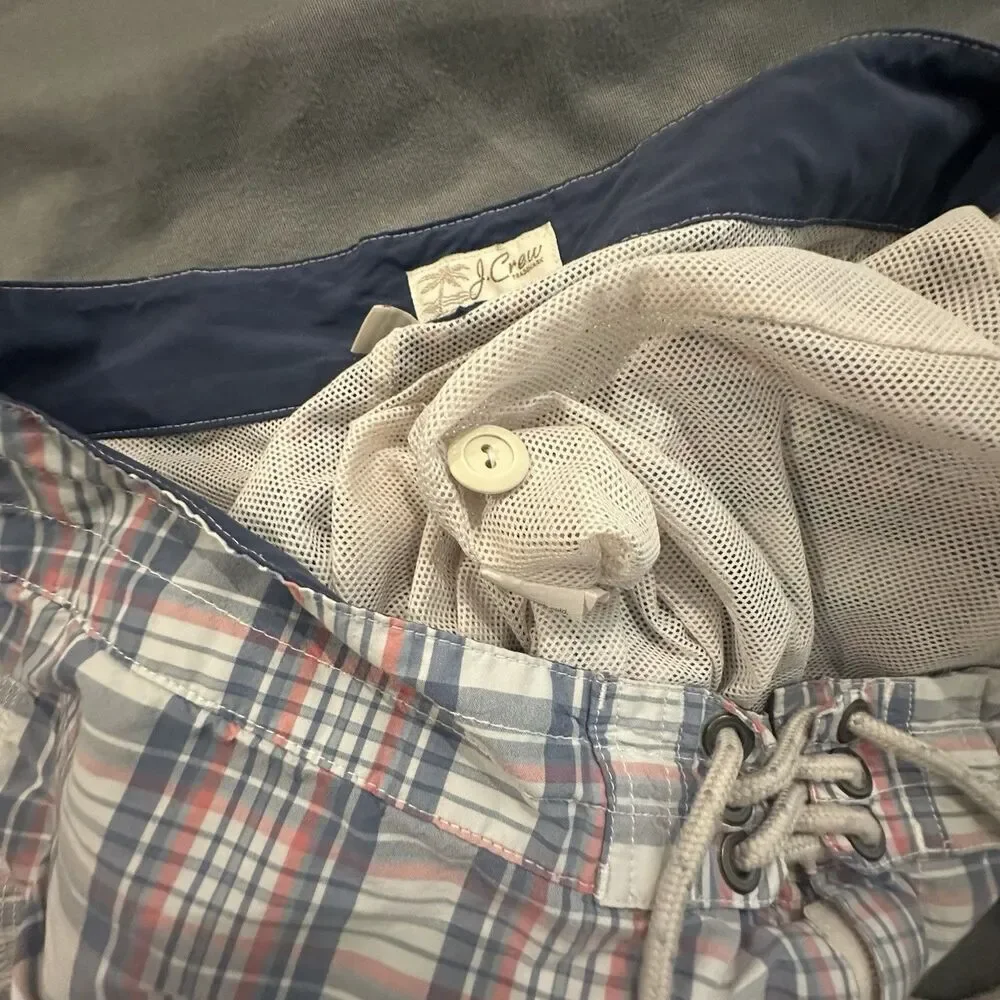 J Crew Swim Shorts Mens 35 Plaid Boardshorts Drawstring Lined Summer Beach Pool